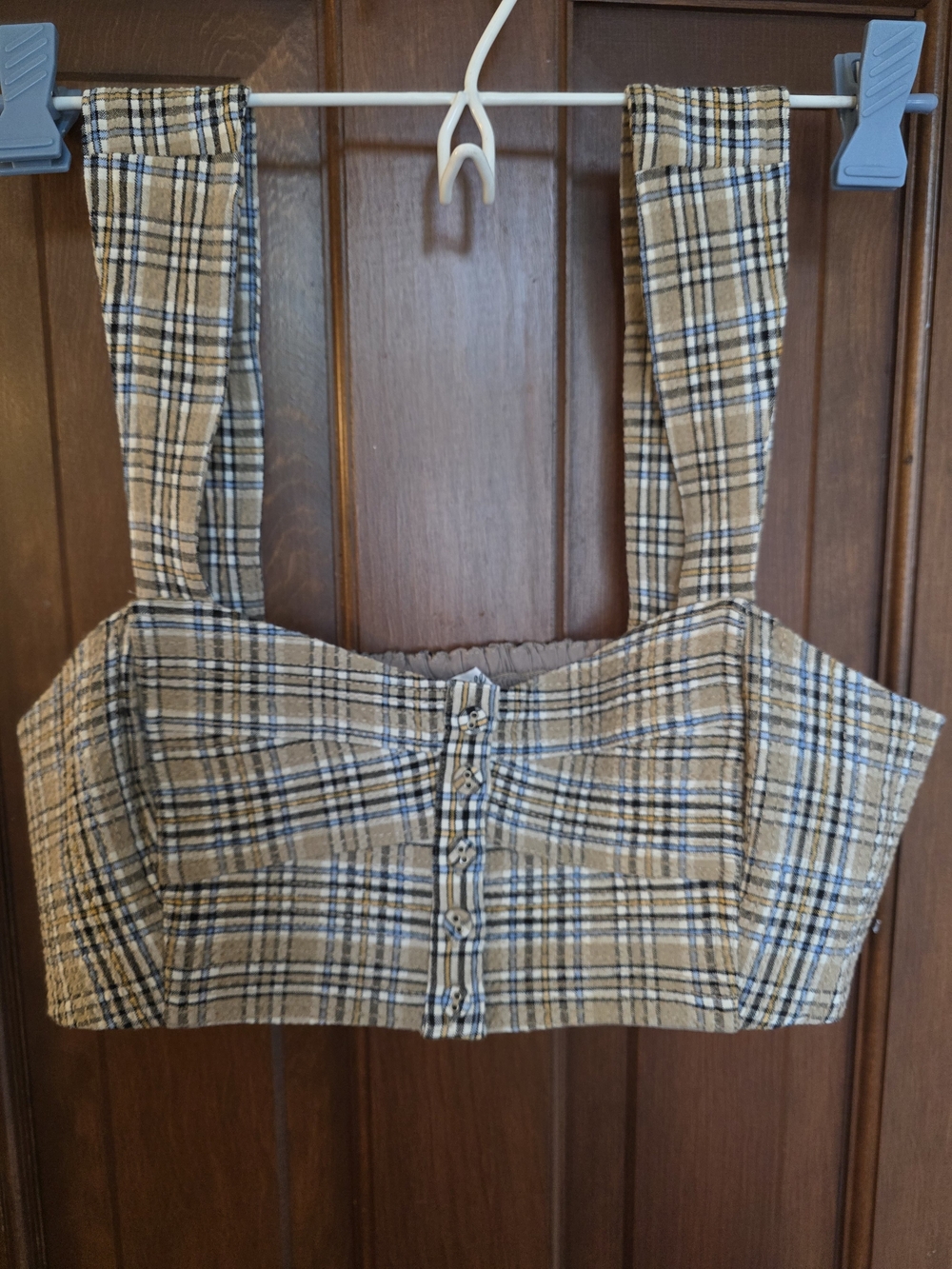 Madewell Tan and Blue Plaid Square-Neck Crop Top Size 2